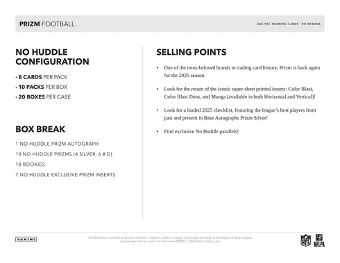 2025 PANINI PRIZM NO HUDDLE FOOTBALL
